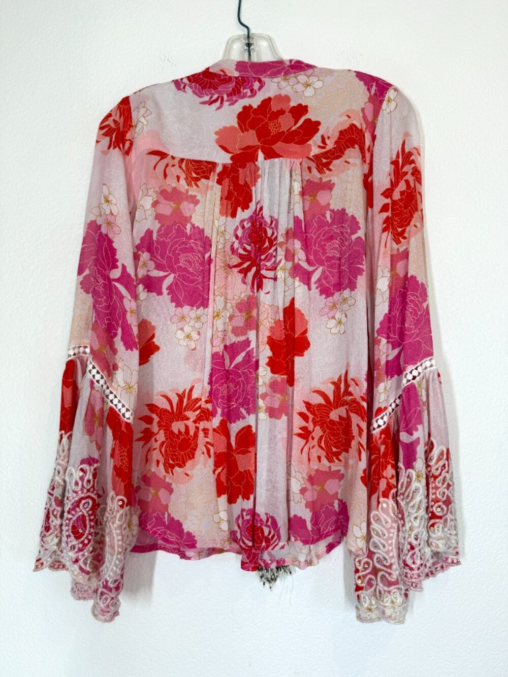 Miss June Paris Pink Floral Boho Blouse Embroidered Bell Sleeve Tassel Large - Picture 3 of 10